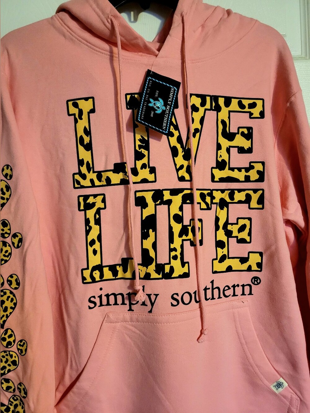 Simply Southern Coral "Live Life" Leopard-Print Hoodie - Picture 3 of 6